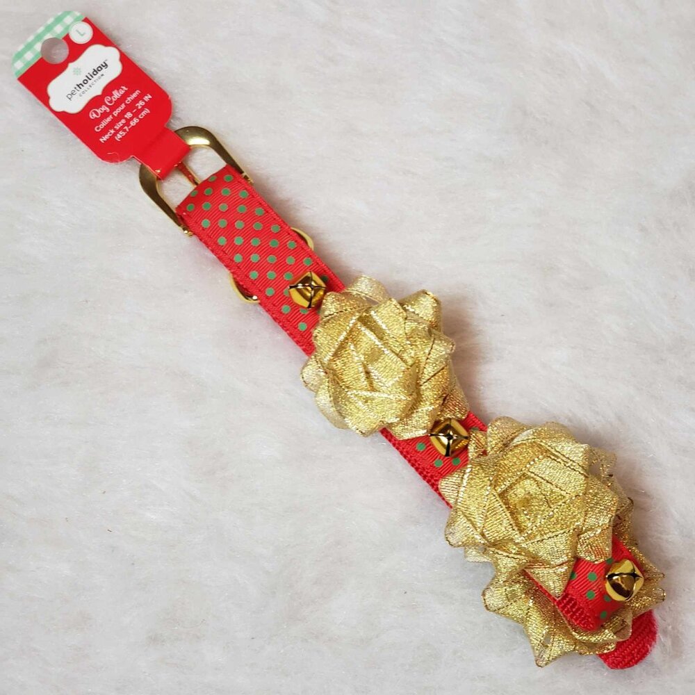 Pet Holiday Large Red Polka Dot Bow Embellished Jingle Bell Dog Christmas Collar